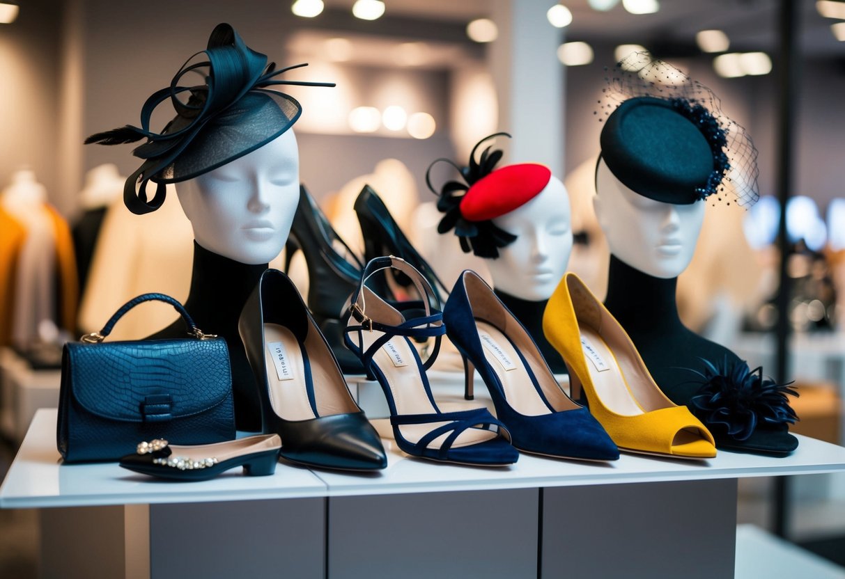 A stylish display of mismatched shoes, bags, and fascinators, showcasing the latest trend in accessory fashion