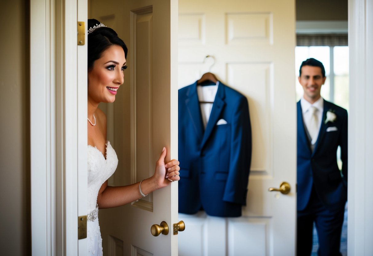 A bride peeks through a slightly open door, catching a glimpse of the groom's suit hanging on a hanger in a well-lit room