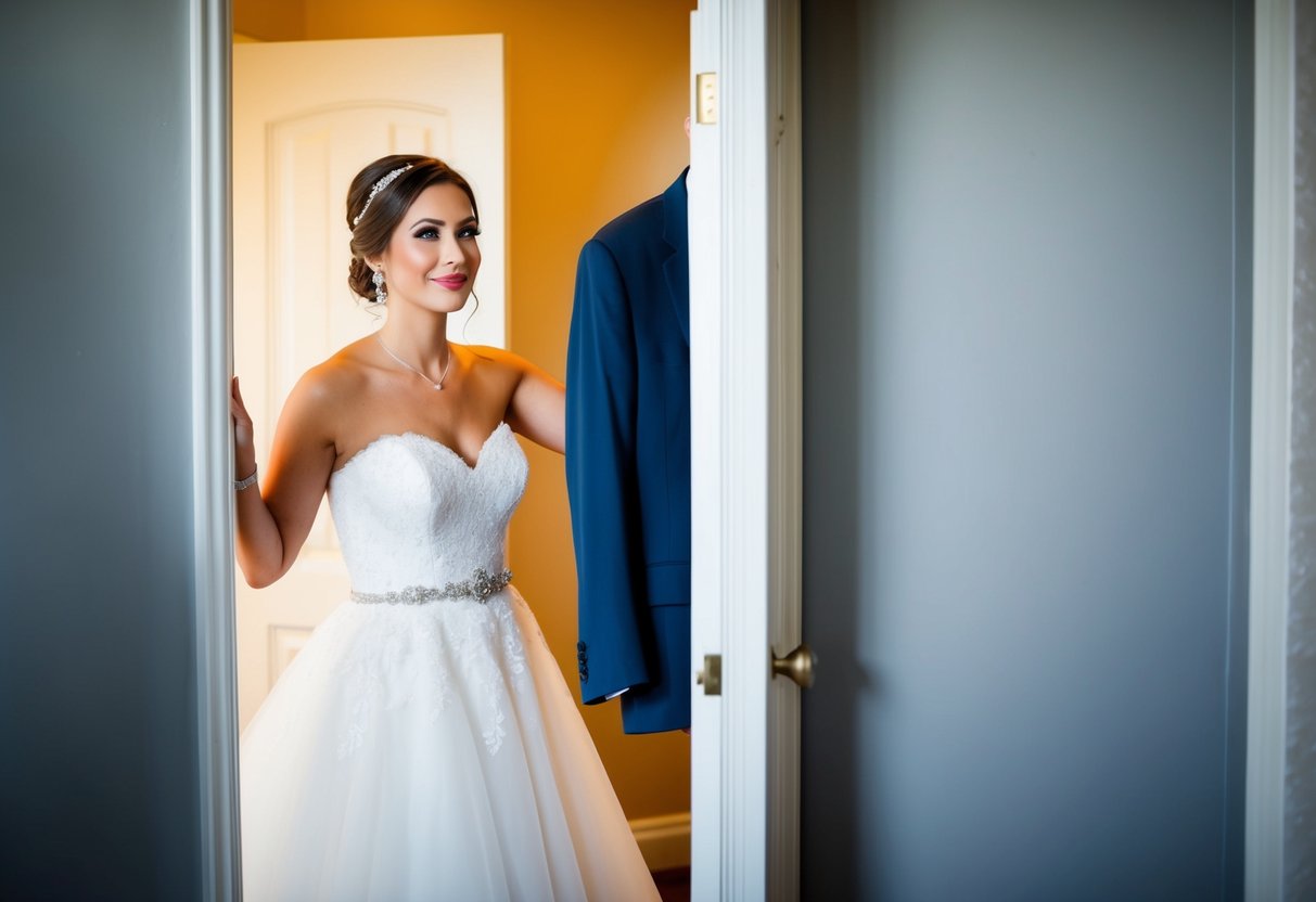 A bride peeks through a partially open door, gazing at a neatly hung groom's suit