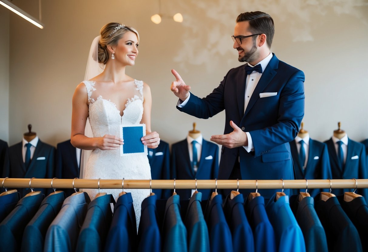 A bride holding a swatch of fabric stands in front of a row of neatly arranged suits, while a tailor gestures towards them