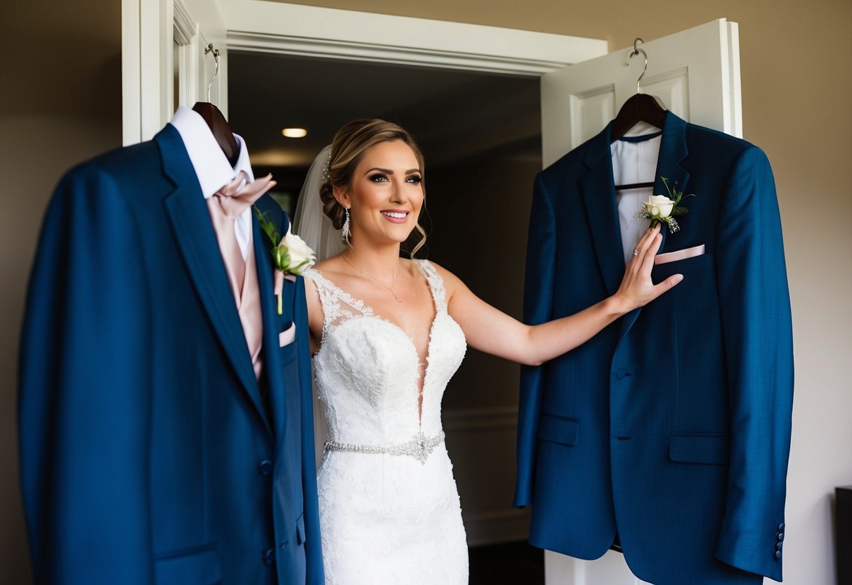 A bride stands in front of a hanging groom's suit, her hand reaching out to touch the fabric, her face reflecting a mix of excitement and anticipation