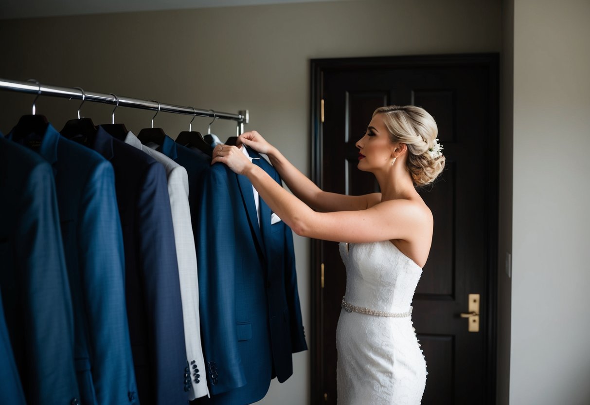 A bride stands in a dimly lit room, gazing at a rack of men's suits. She reaches out to touch one, contemplating her decision