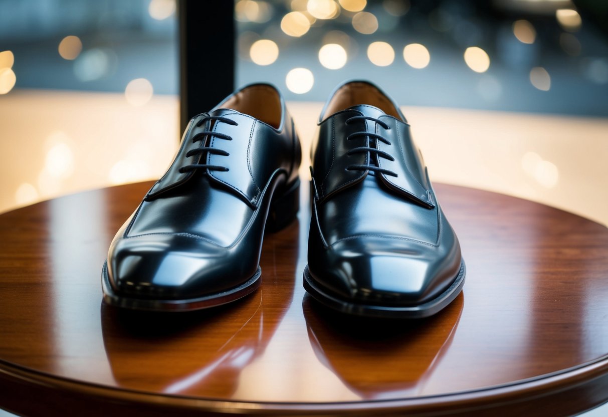 A pair of formal shoes, one shiny and the other matte, displayed side by side on a polished wooden surface