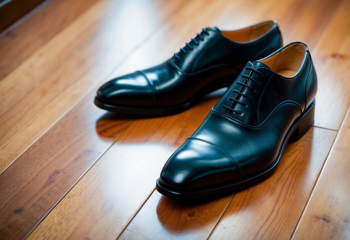 A pair of formal shoes, polished and sleek, placed neatly on a wooden floor