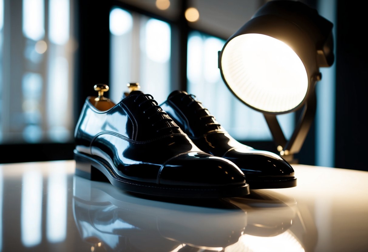 A pair of formal shoes gleaming under a spotlight, reflecting light and showcasing their shine and significance in a sophisticated setting