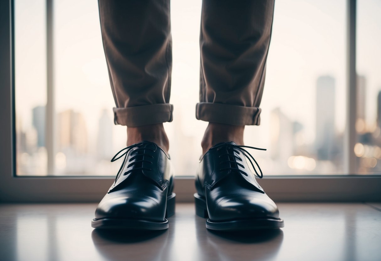 A pair of dark shoes stands out against a lighter outfit, creating a striking contrast