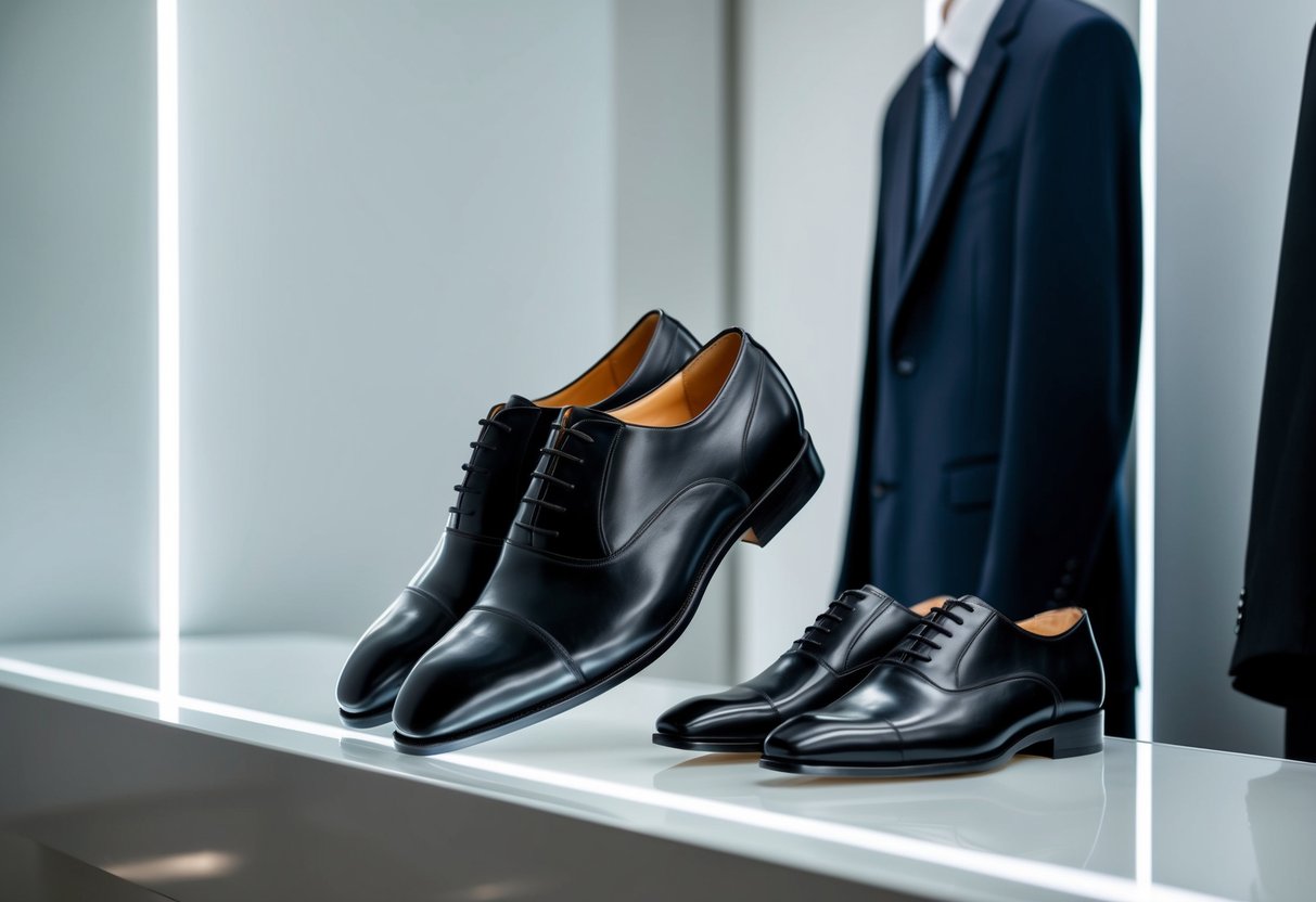 A polished pair of formal shoes placed next to a selection of formal attire on a sleek, minimalist display