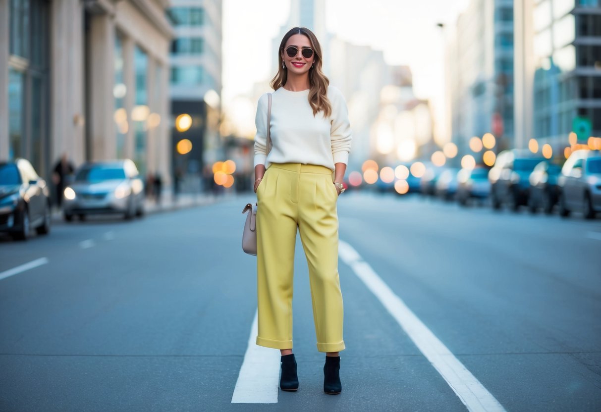 A woman's outfit with a light-colored top and bottom, paired with dark shoes for contrast