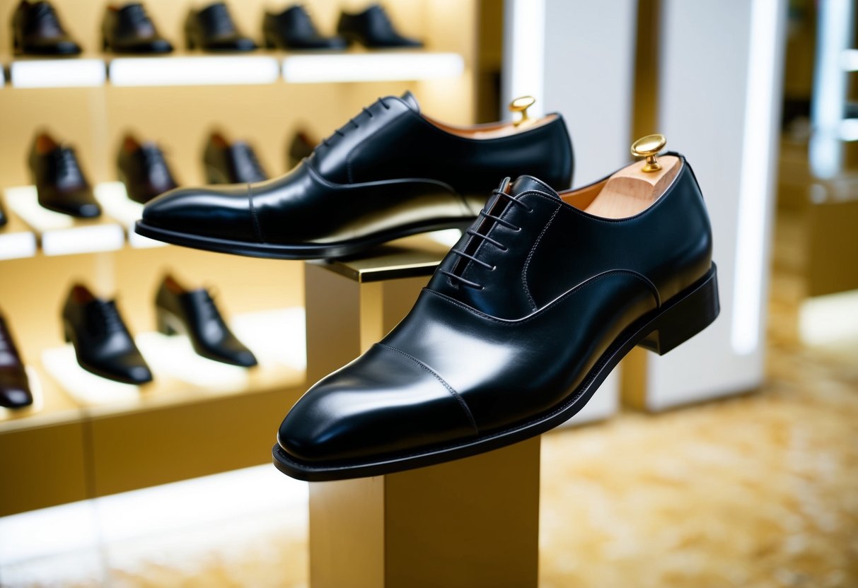 A pair of formal shoes in a sleek, polished finish, displayed on a pedestal or shelf in a well-lit, upscale shoe store