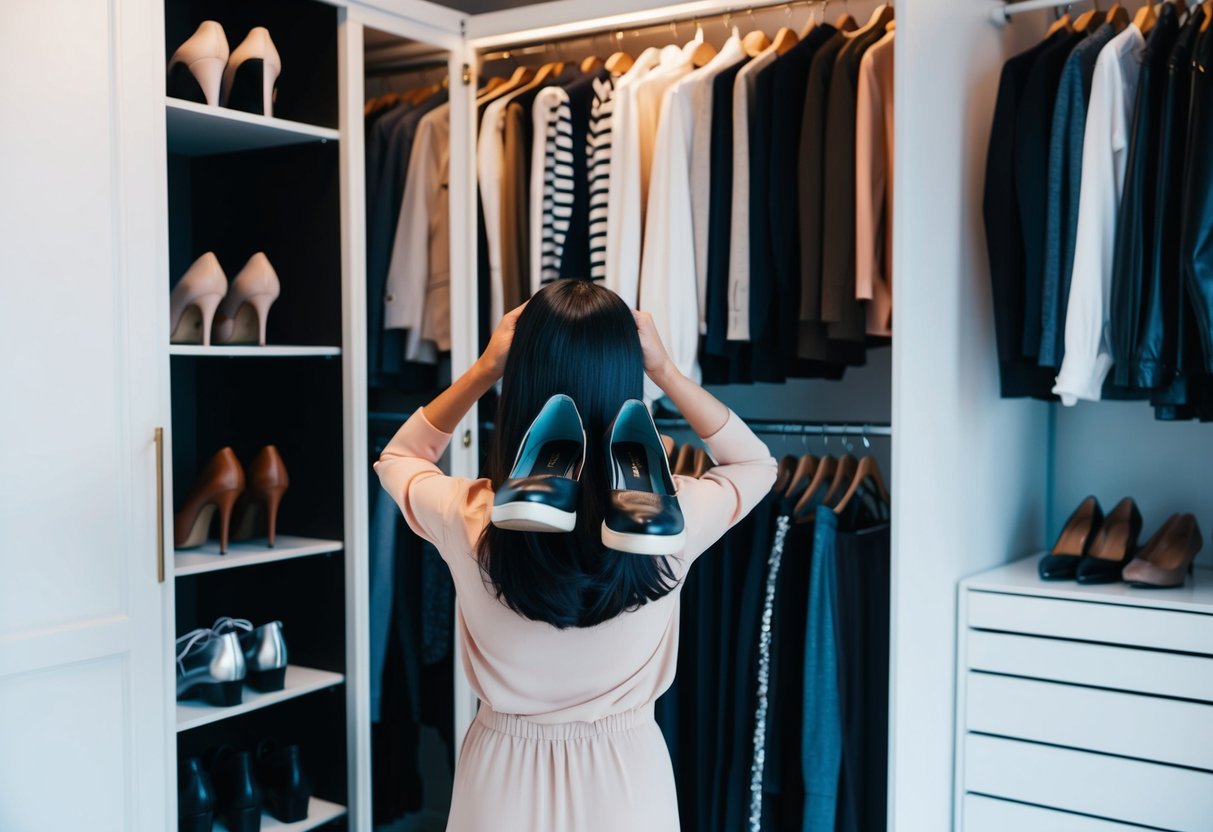 A person standing in front of a wardrobe, holding up different pairs of shoes while looking at their outfit