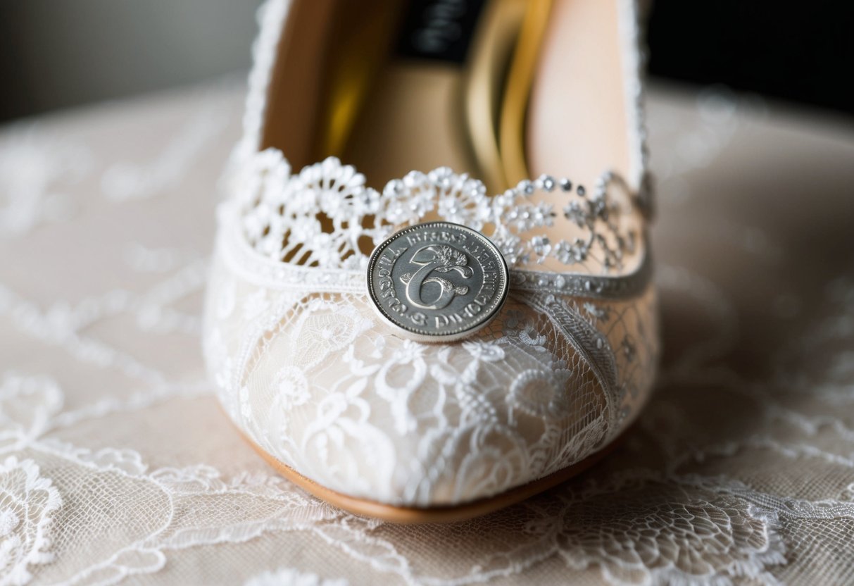 A small silver sixpence nestled in the toe of a delicate lace bridal shoe