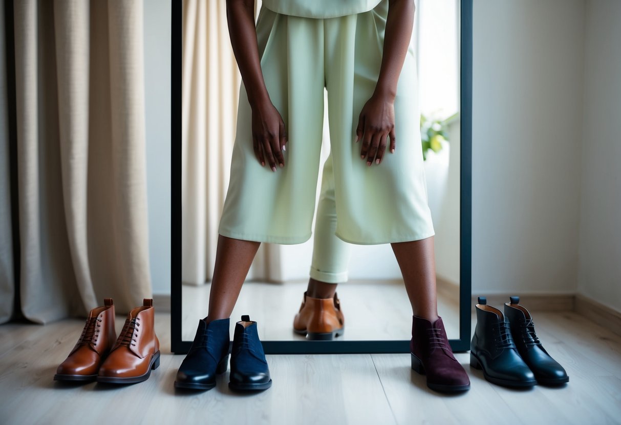 A person standing in front of a mirror, wearing a light-colored outfit and trying on different pairs of darker shoes to see which one matches best