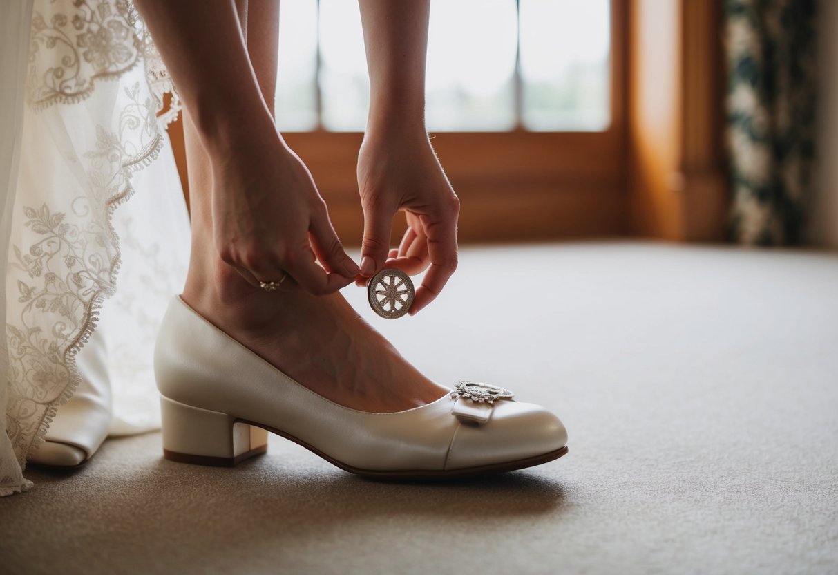 A bride places a sixpence in her shoe before her wedding