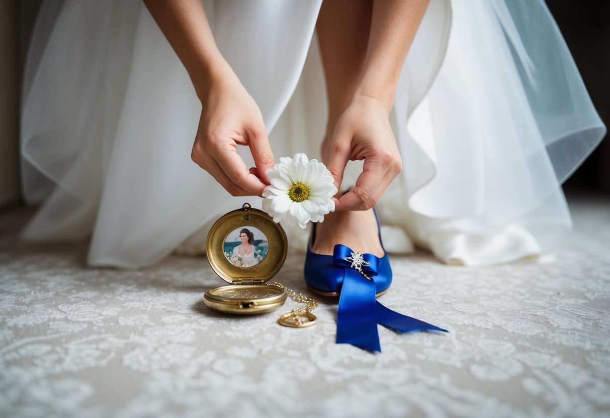 A bride places a vintage locket, a fresh flower, a borrowed lucky charm, and a small blue ribbon in her shoe