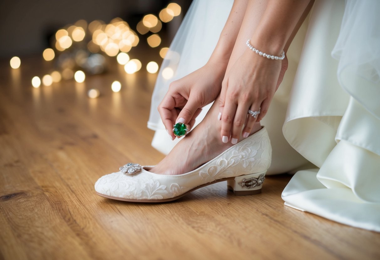 A bride places a small trinket or charm in her shoe for good luck on her wedding day