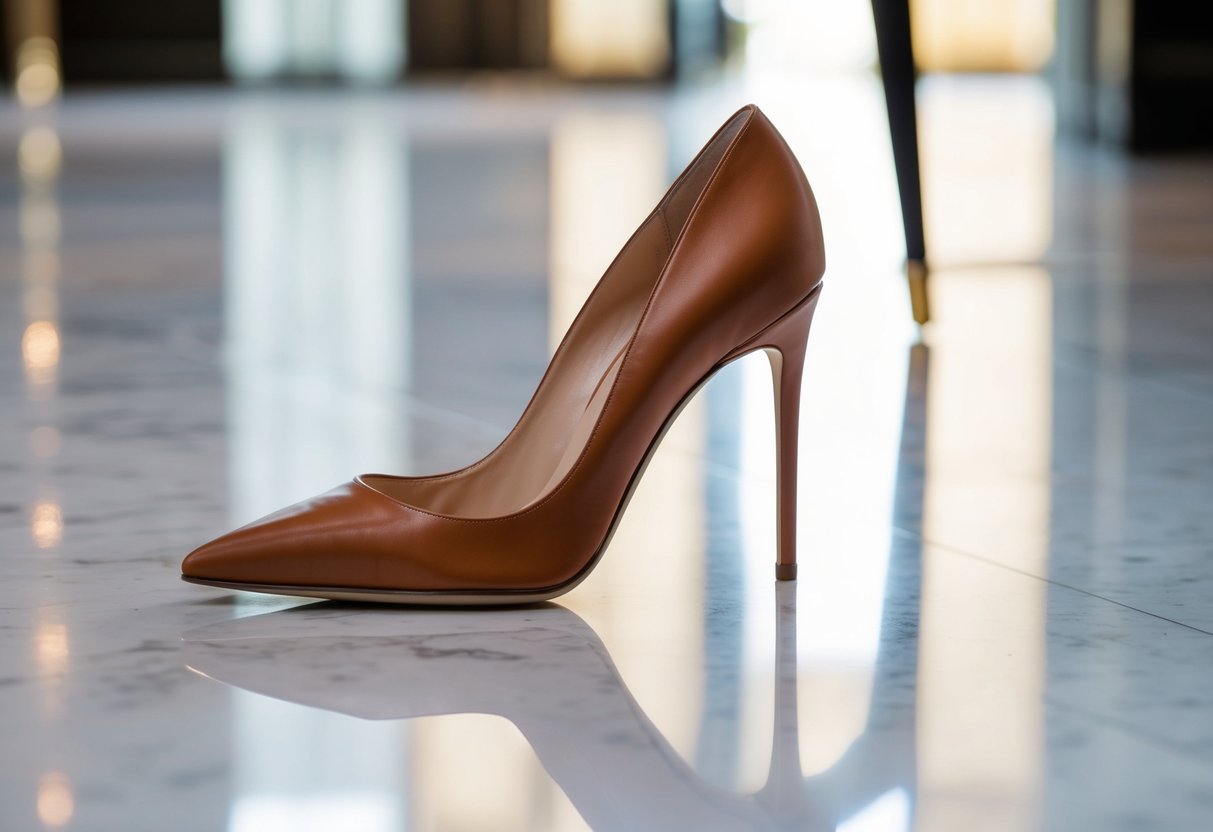 A sleek, slender high heel shoe placed on a polished marble floor