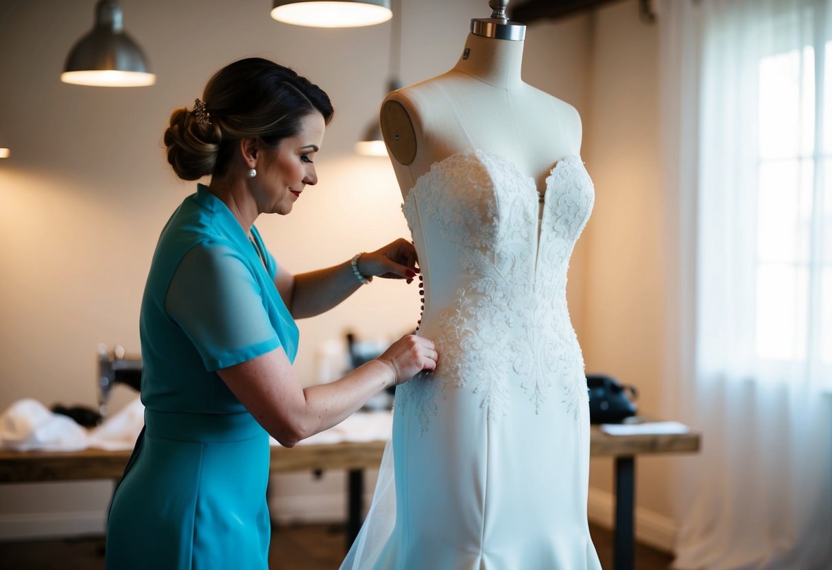 A seamstress pins a white wedding gown on a dress form, adjusting the fit with precision. A soft glow from overhead lights highlights the delicate lace and flowing fabric