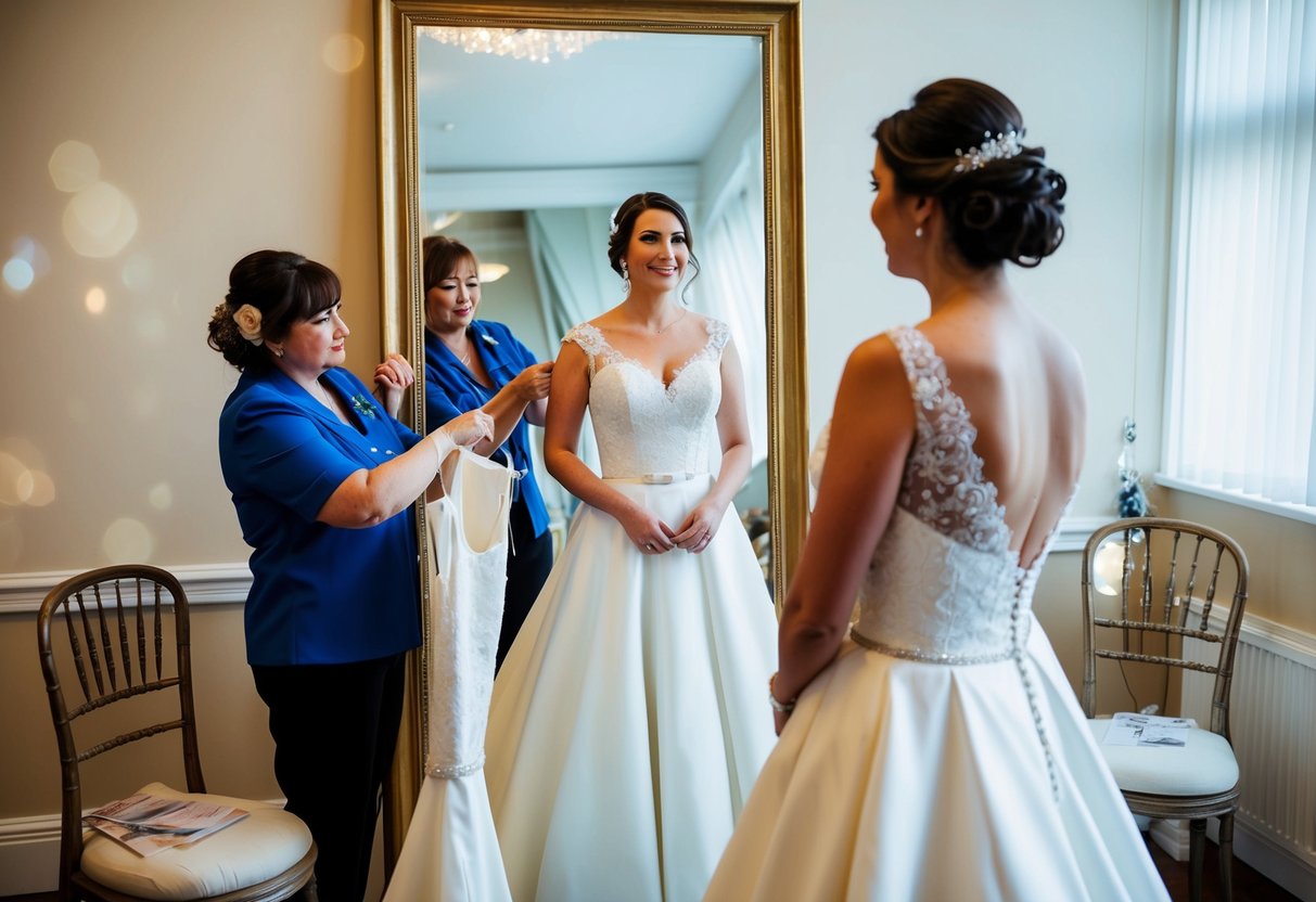 A bride stands in front of a full-length mirror, surrounded by a seamstress and wedding dress samples. The seamstress is pinning and adjusting the fabric as the bride looks on with anticipation
