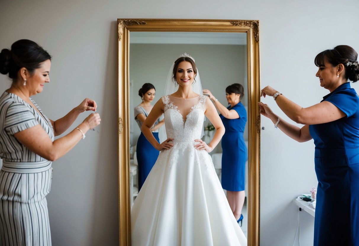A bride standing in front of a full-length mirror, surrounded by a seamstress pinning and adjusting a wedding dress