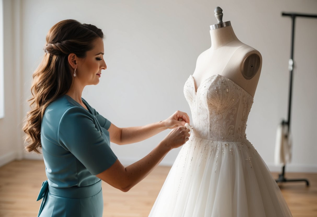 A seamstress carefully pinning and adjusting a flowing wedding gown on a dress form in a bright, airy studio