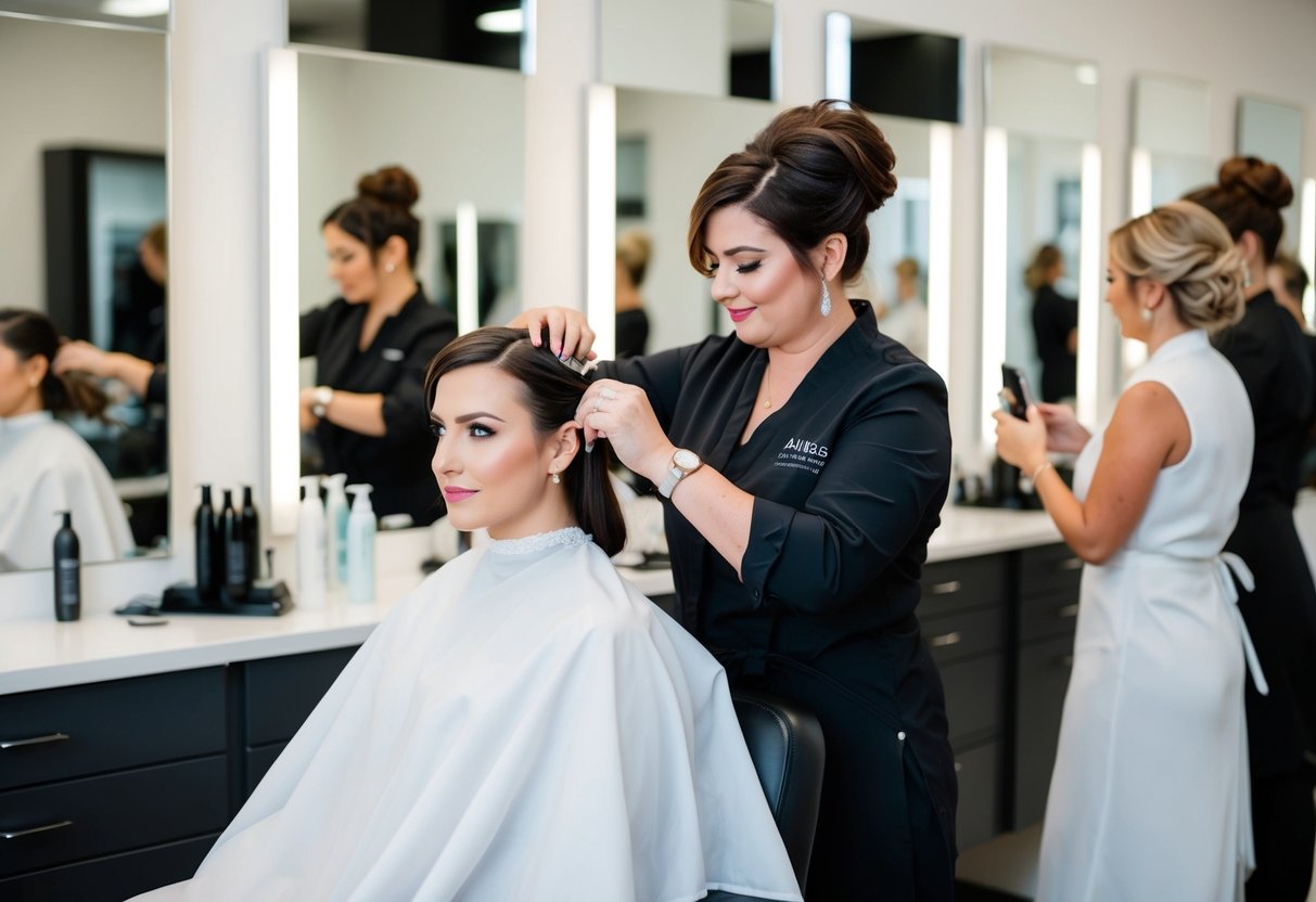 A bride sitting in a salon chair, surrounded by hairdressers and mirrors, getting her hair cut and styled for her upcoming wedding