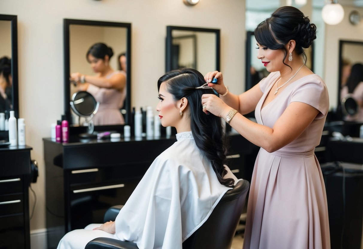 A bride sits in a salon chair, surrounded by mirrors and hair products. A hairstylist measures and snips her hair, preparing for the upcoming wedding
