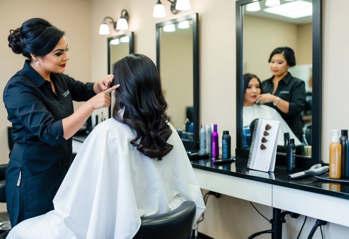 A bride sits in a salon chair, surrounded by mirrors and hair styling tools. A hairstylist consults with her, pointing to different haircut options on a style book