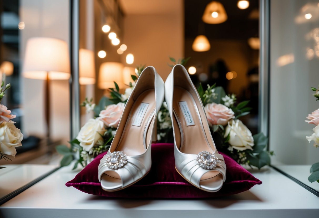 A pair of elegant wedding shoes displayed on a velvet cushion in a boutique window, surrounded by soft lighting and floral accents