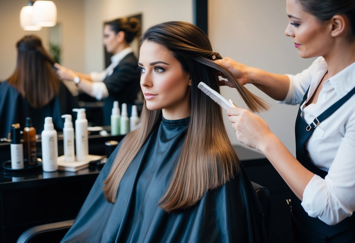 A woman with long, flowing hair sits in a salon chair, surrounded by hair care products and a stylist trimming her hair