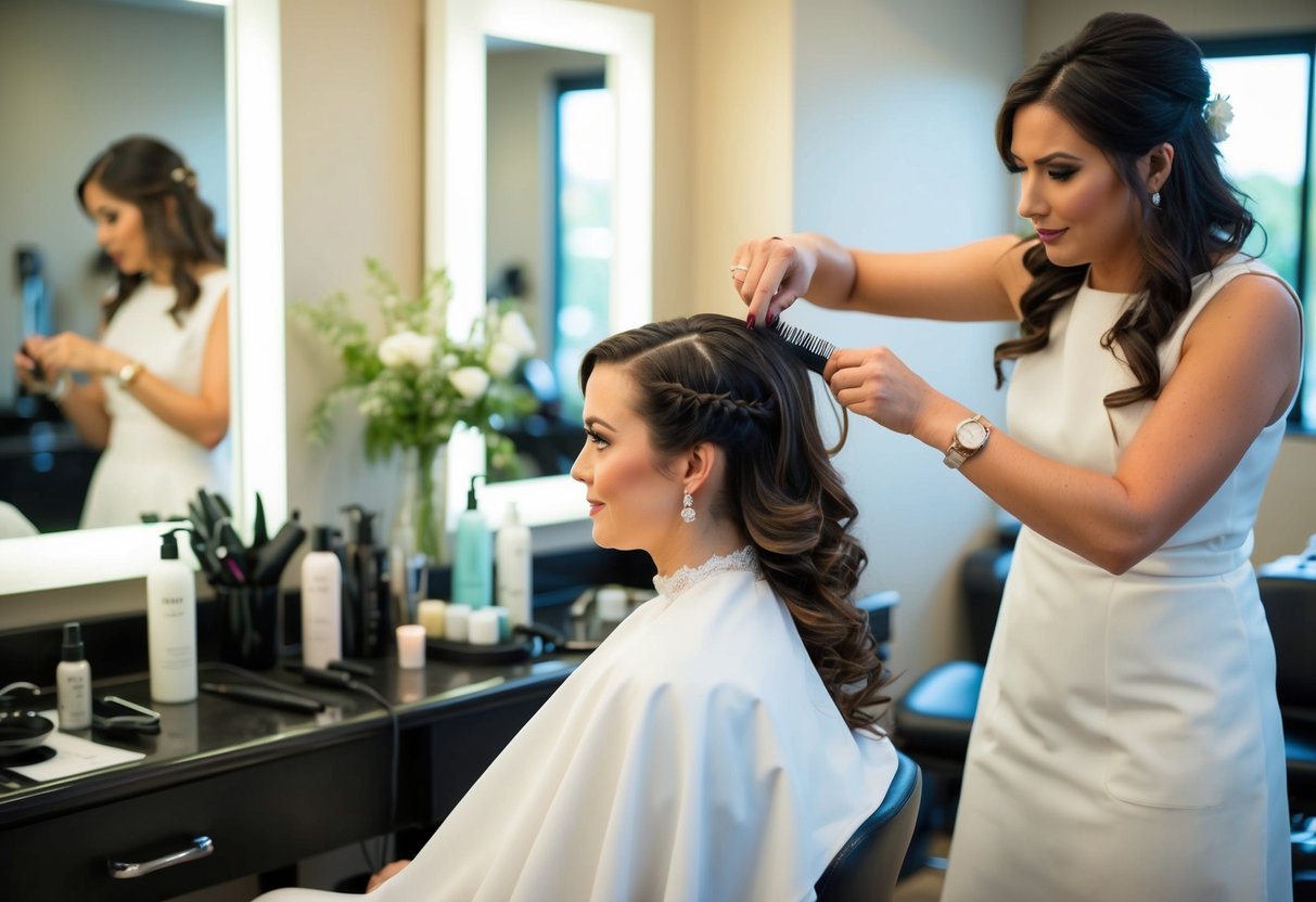 A bride sits in a salon chair, surrounded by hairstyling tools and products. A stylist carefully trims her hair, adding final touches before the wedding day