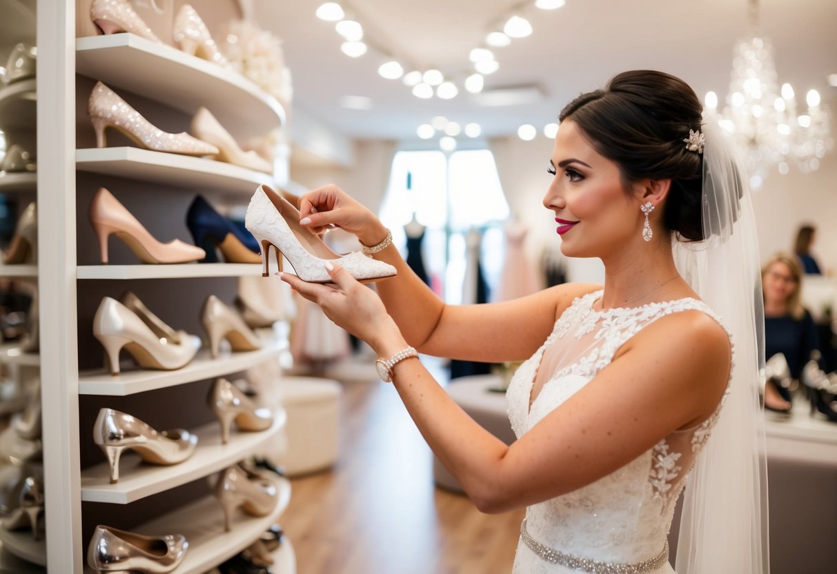 A bride carefully selects from a display of elegant wedding shoes in a boutique