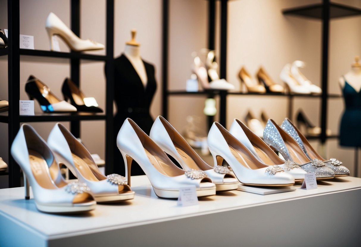 A display of elegant wedding shoes in a boutique, with price tags and a variety of styles showcased on shelves and mannequins