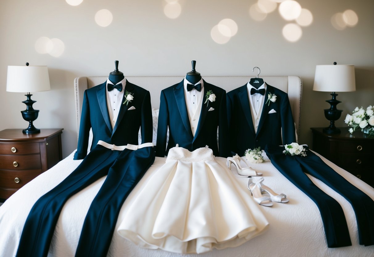 A group of elegant wedding attire laid out on a bed, including a tuxedo, dress, and accessories