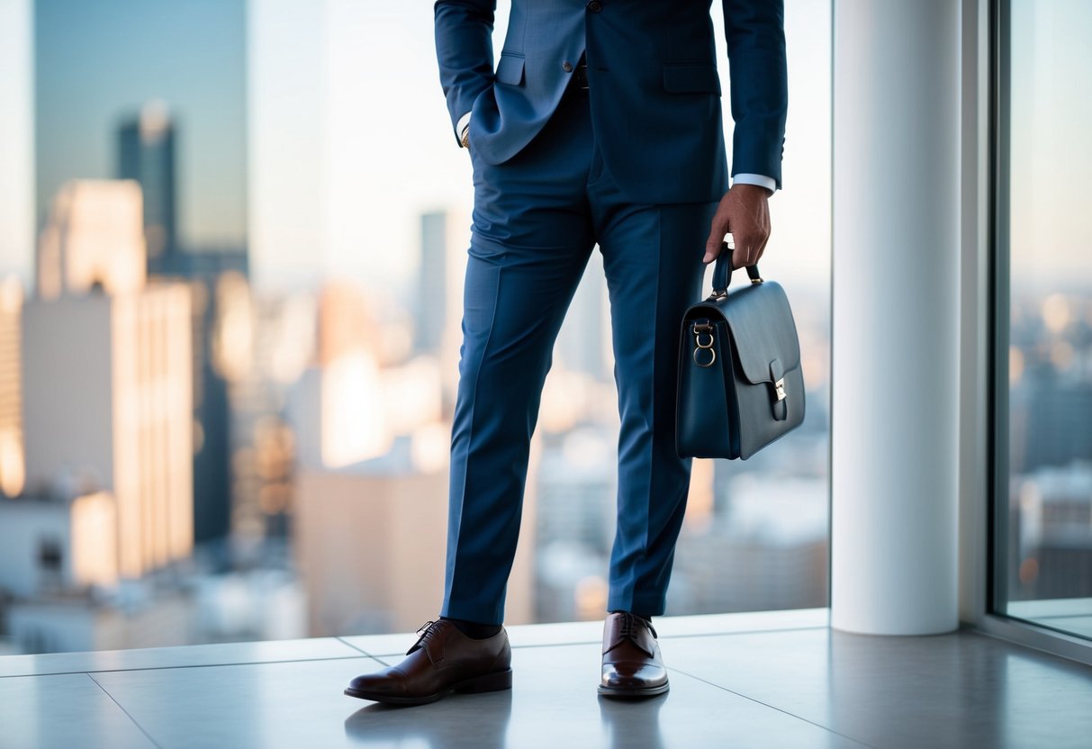 A person wearing a tailored suit with a crisp button-up shirt and polished dress shoes, standing confidently with good posture
