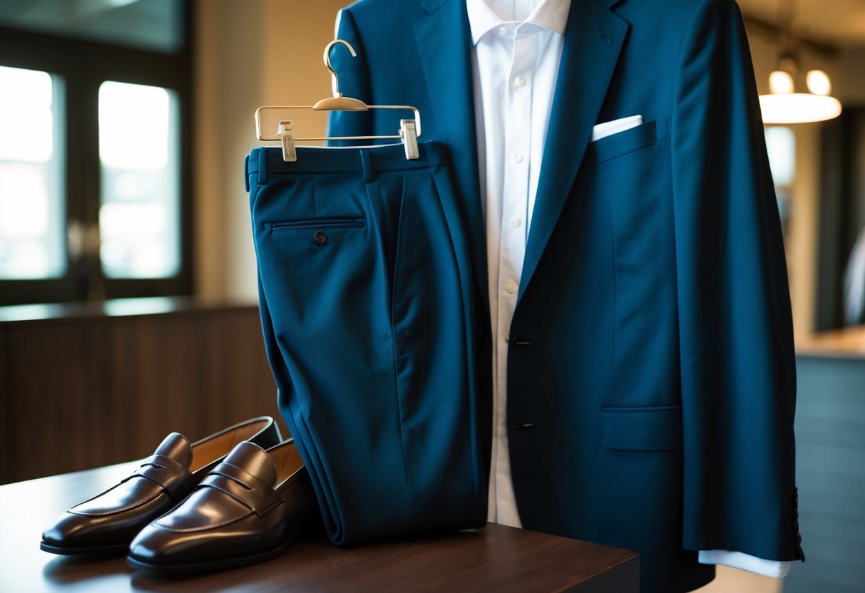 A pair of sleek dress pants is neatly folded next to a polished pair of loafers. A crisp button-up shirt and a tailored blazer hang on a hanger nearby