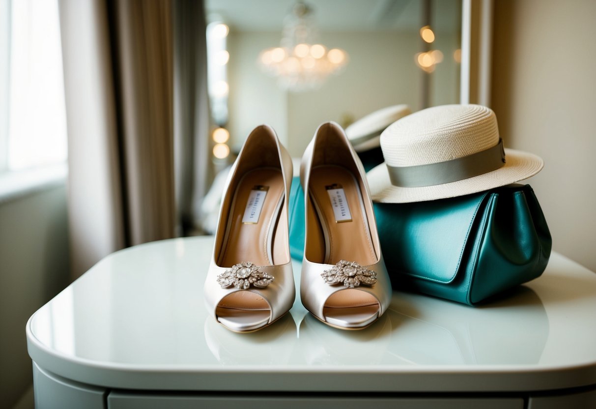 A pair of elegant shoes, a matching bag, and a coordinating hat are arranged neatly on a dressing table, ready for a wedding