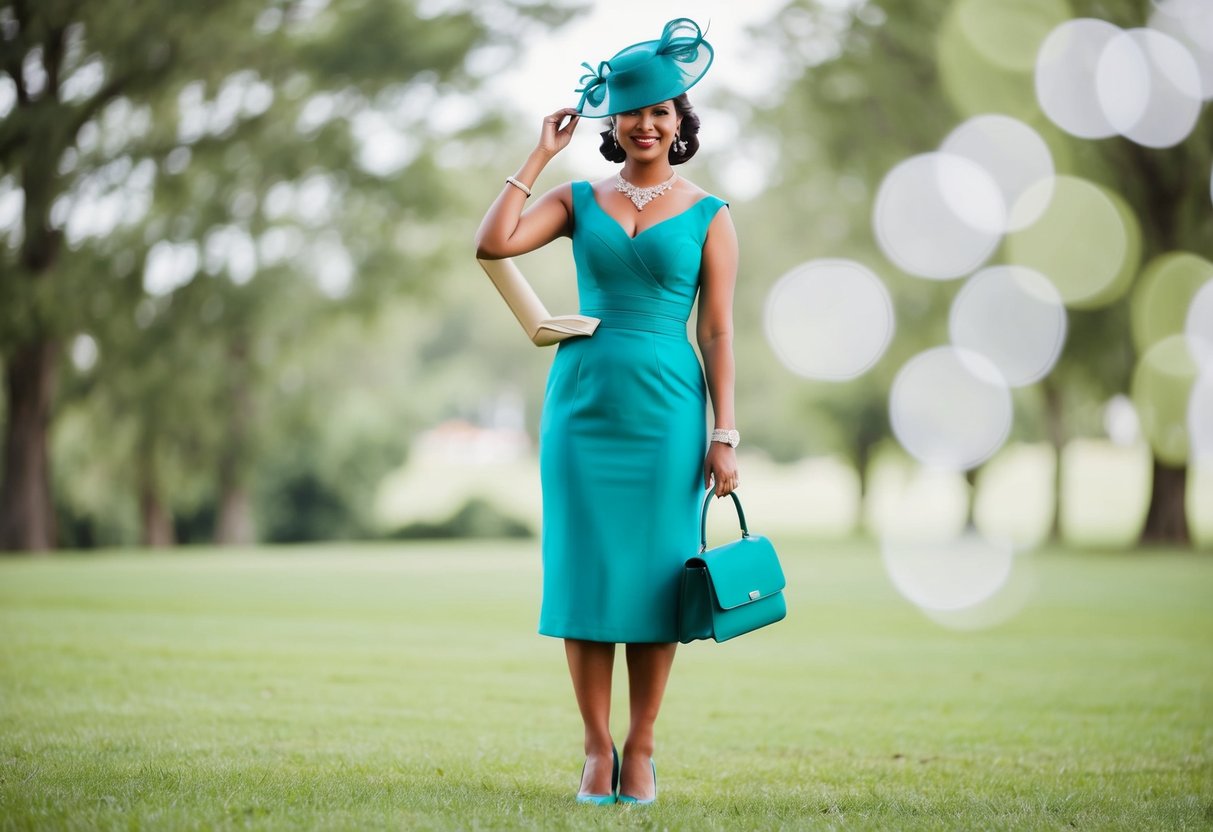 A woman in a formal dress stands with a matching hat, shoes, and bag for a wedding