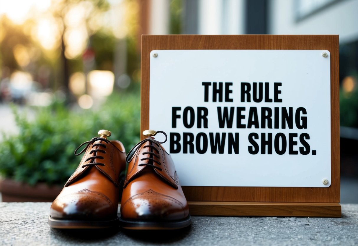 A pair of brown shoes placed neatly beside a sign indicating the rule for wearing brown shoes