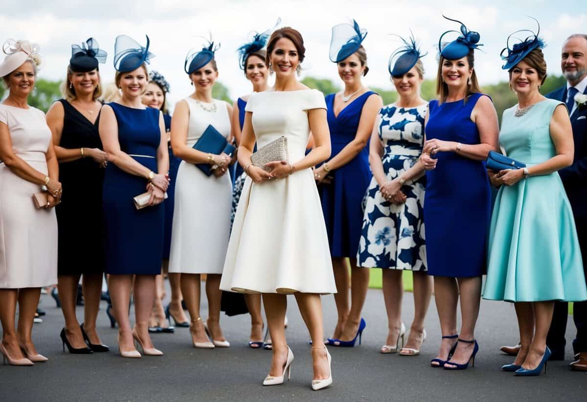 A woman in an elegant dress and heels, holding a clutch, stands among a group of wedding guests, all wearing fascinators