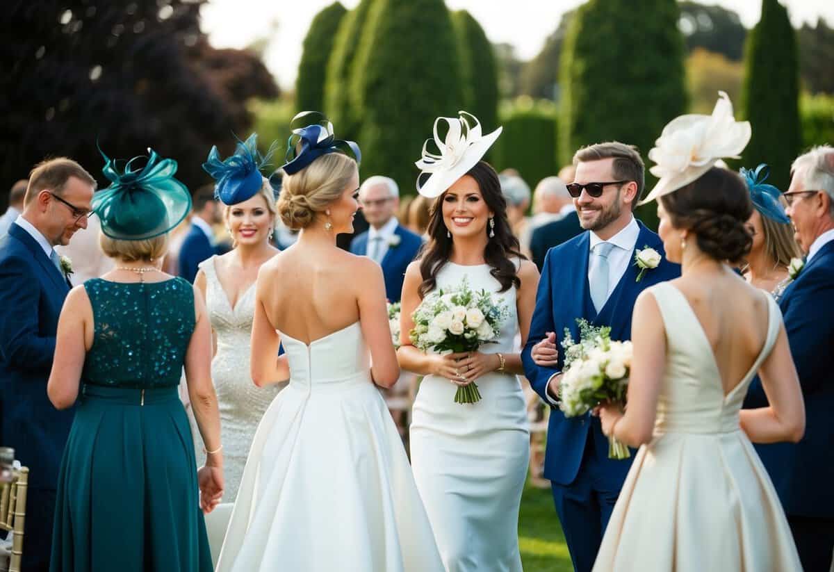 A group of elegantly dressed wedding guests, some wearing fascinators, mingle at a glamorous outdoor ceremony