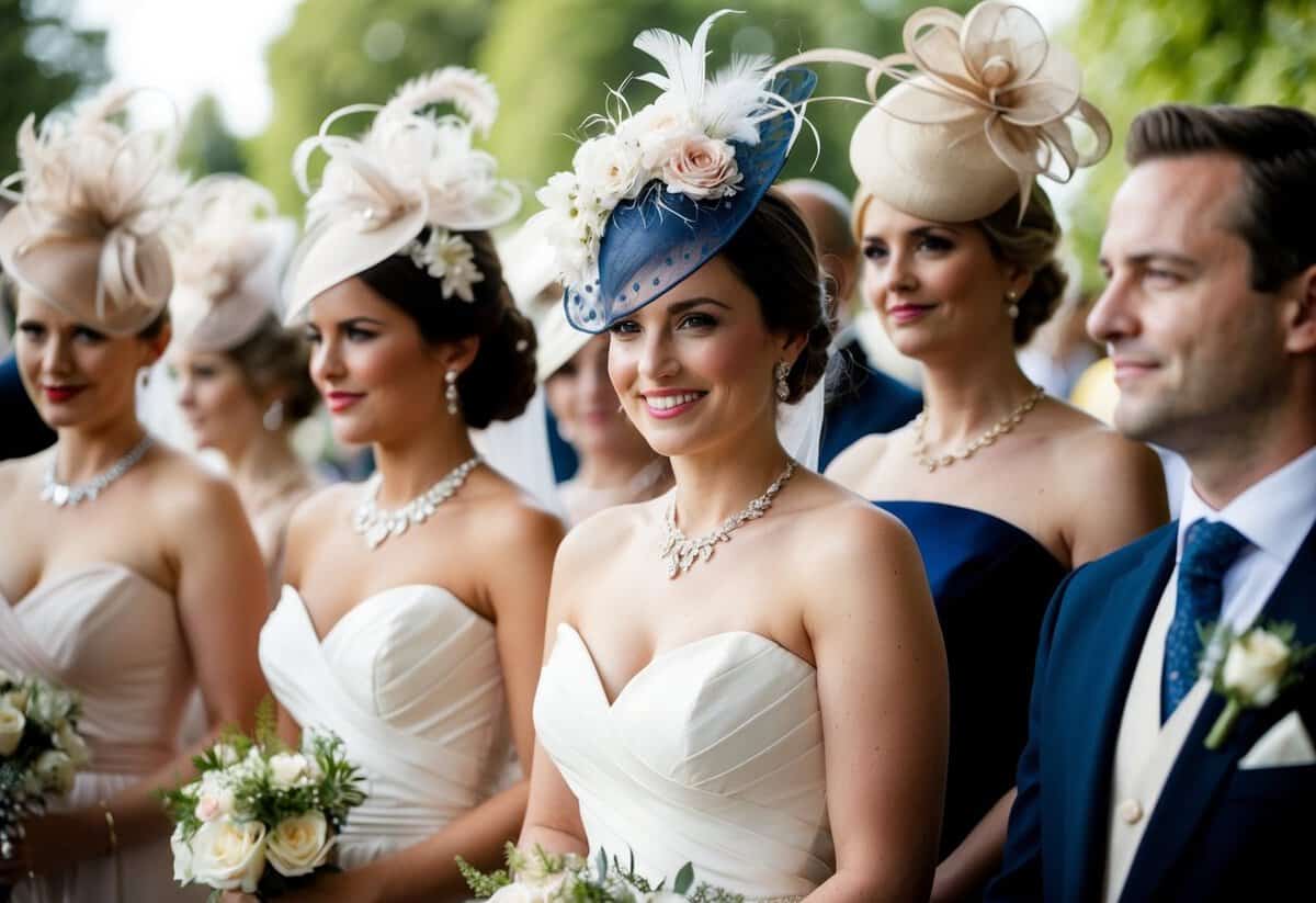 A group of elegantly dressed figures at a wedding, some wearing fascinators adorned with feathers, flowers, and jewels