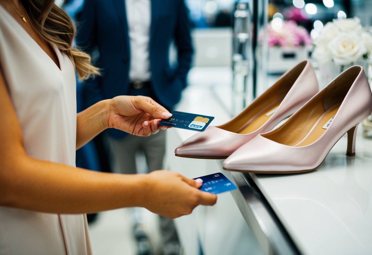 A woman's hand places a credit card on a store counter, next to a pair of bridesmaid shoes