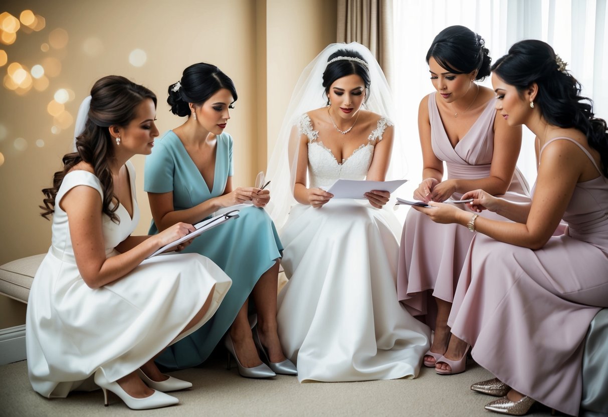 A bride and her bridesmaids discussing and planning their attire, including shoes, while looking at a budget sheet