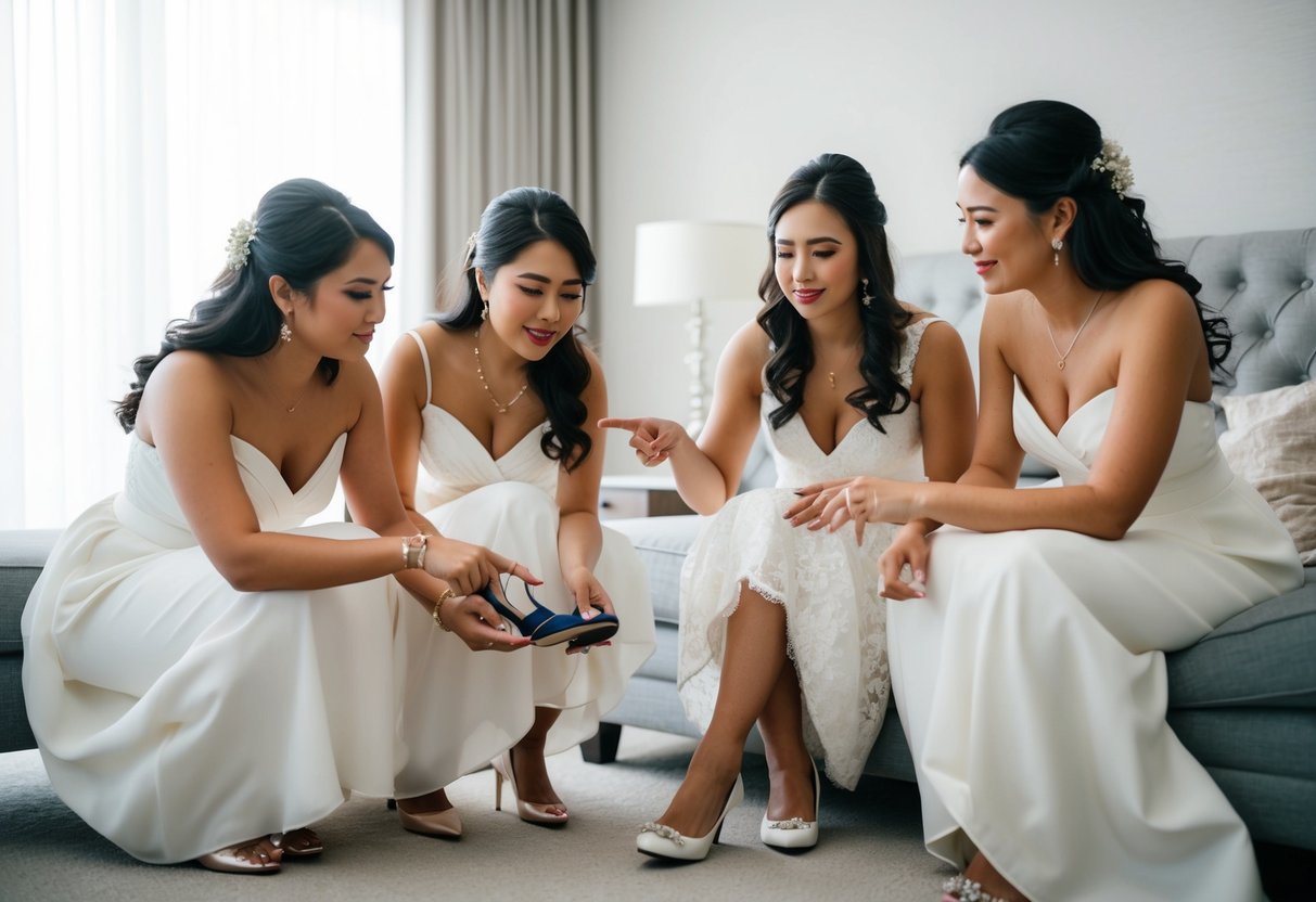 A bride and her bridesmaids discussing finances and pointing to a pair of shoes