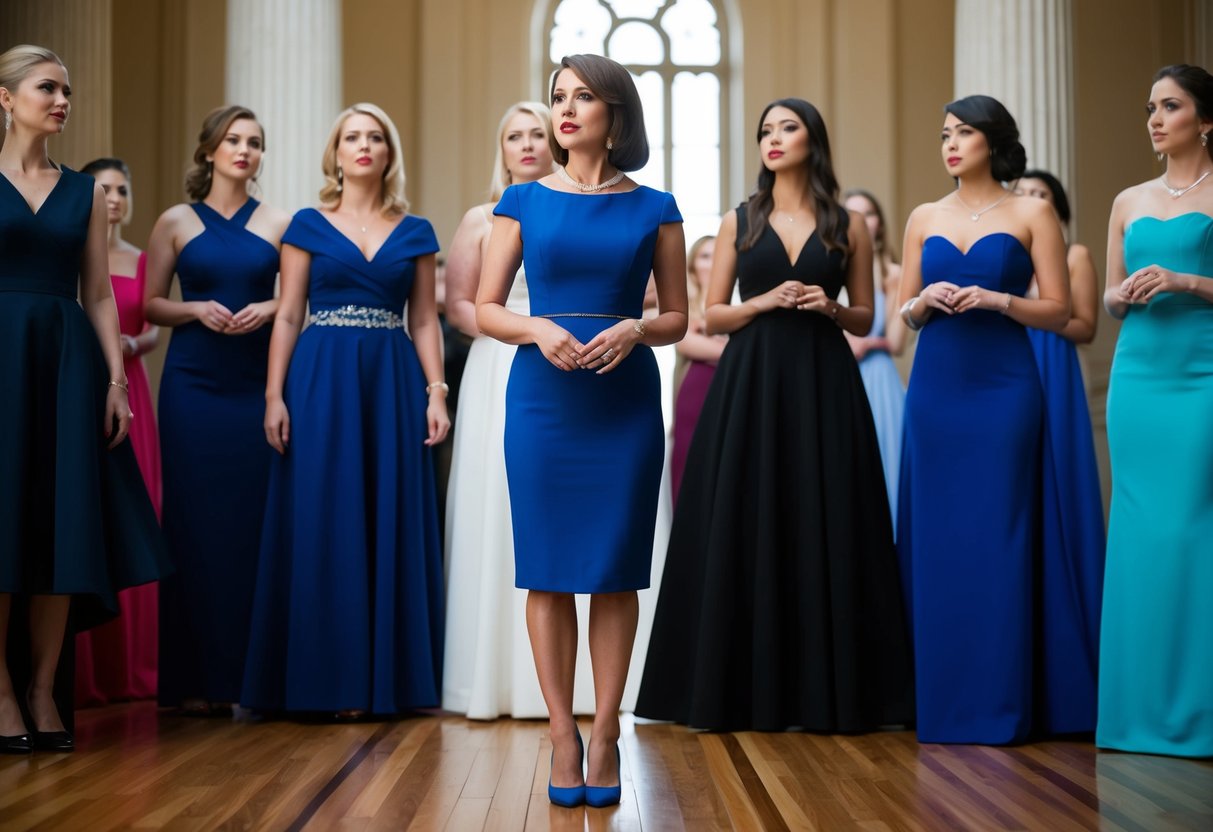 A woman in a knee-length formal dress stands among others in floor-length gowns, questioning the standard of formal attire