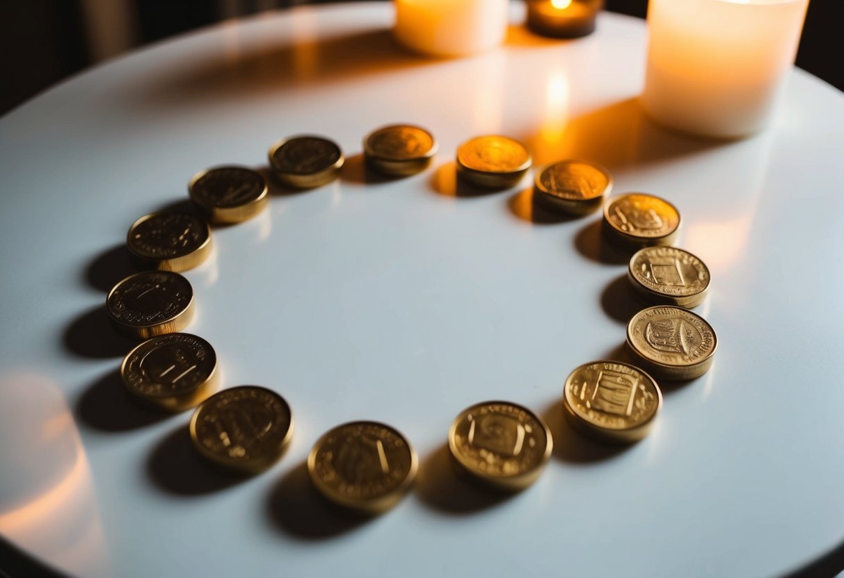 Thirteen coins arranged in a circle on a white table, with soft candlelight casting warm shadows around them