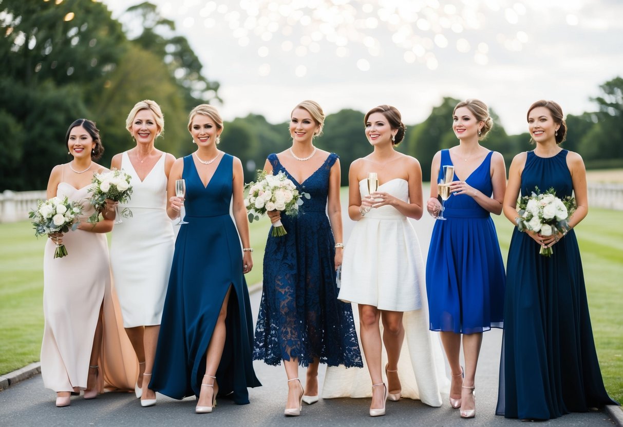 Wedding guests in elegant attire, some in long dresses, others in short. Bouquets and champagne glasses in hand
