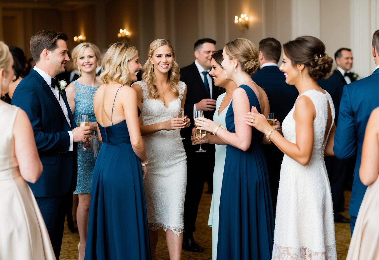 A group of wedding guests in elegant attire, some wearing long dresses and others in short dresses, mingling at a formal event