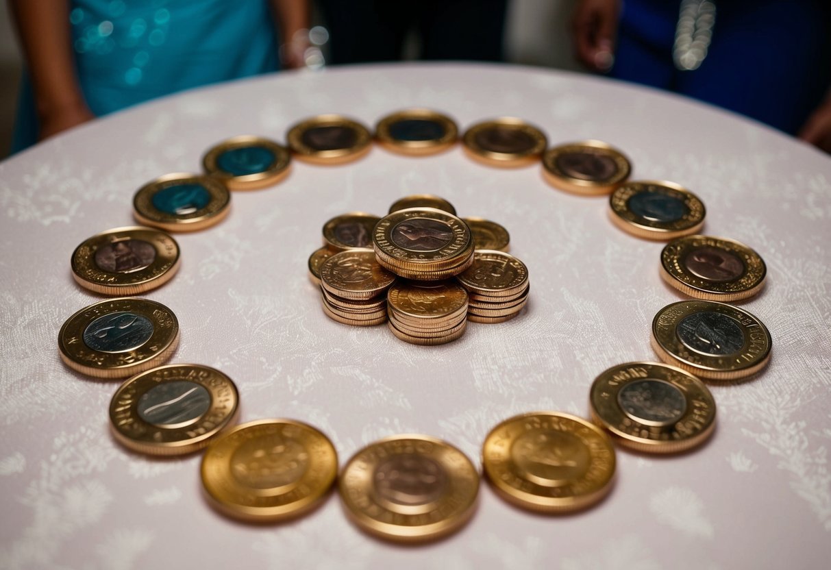 Thirteen coins arranged in a circle on a traditional wedding table, symbolizing prosperity and unity in Hispanic culture