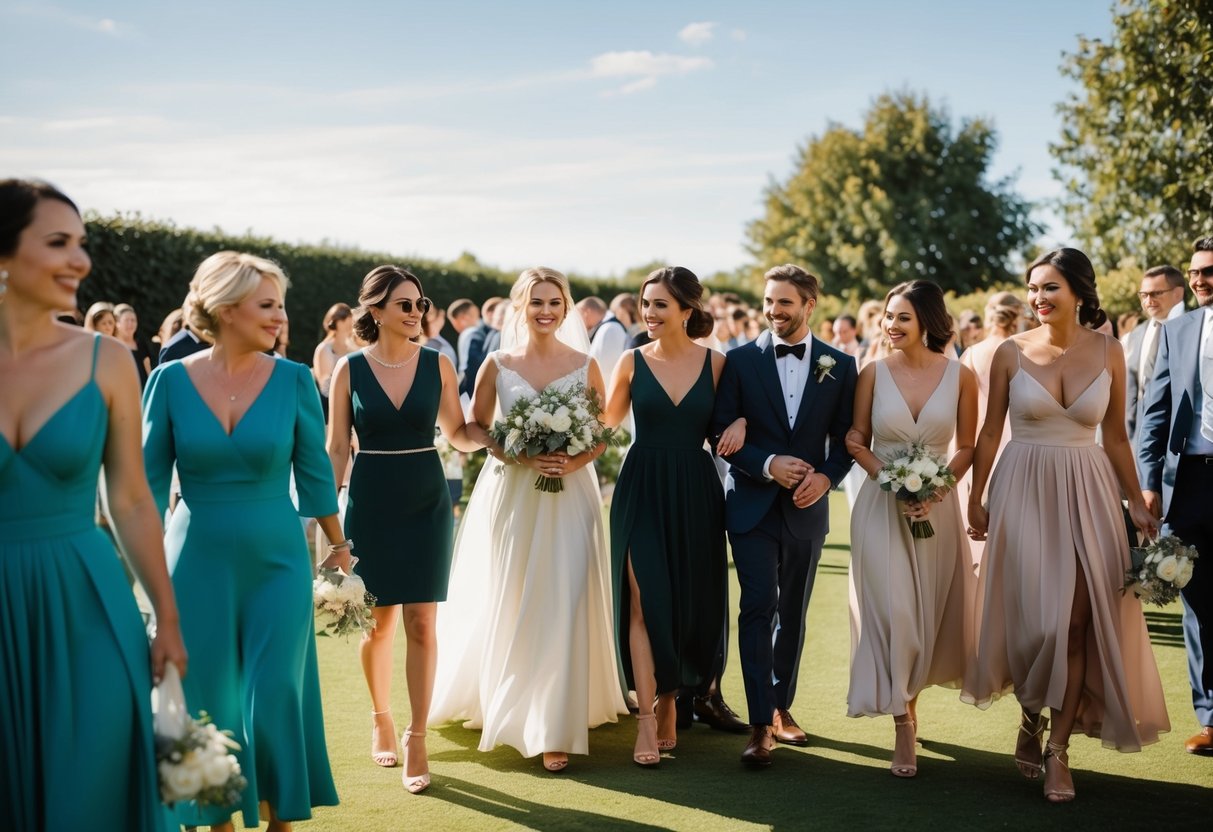 A sunny outdoor wedding venue with guests wearing both long and short dresses